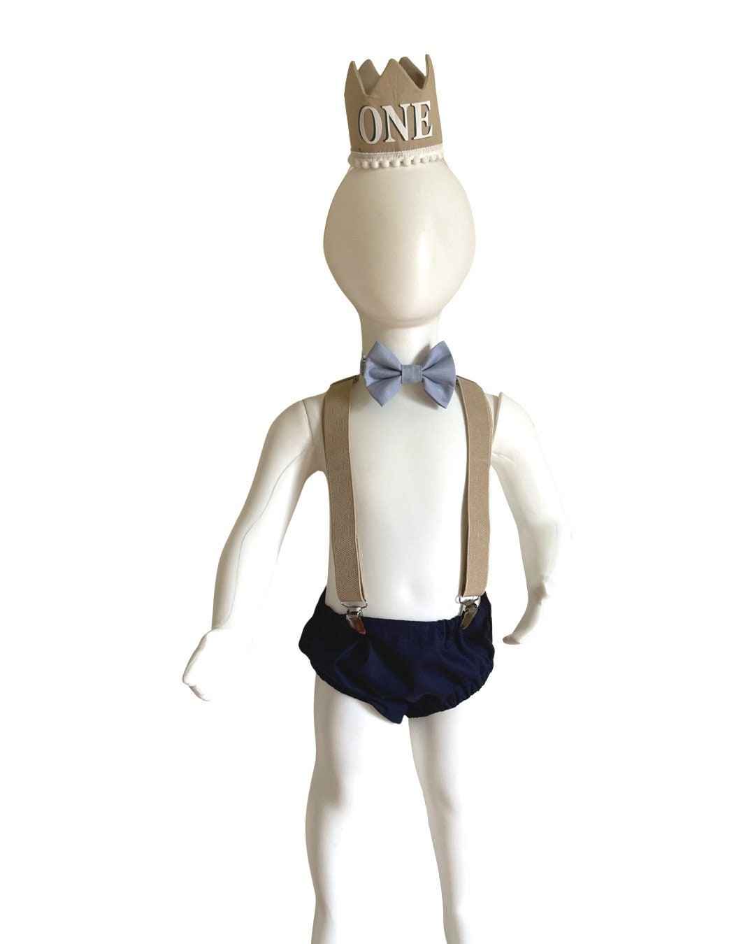 Navy Smash Cake Outfit Boy First Birthday super soft navy cotton Diaper Cover, beige Suspenders and blue bow tie 1st Birthday Photoshoot