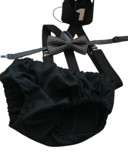 Cake Smash Boy First Birthday super soft black cotton Diaper Cover,black Suspenders,black bow tie, Birthday Photoshoot