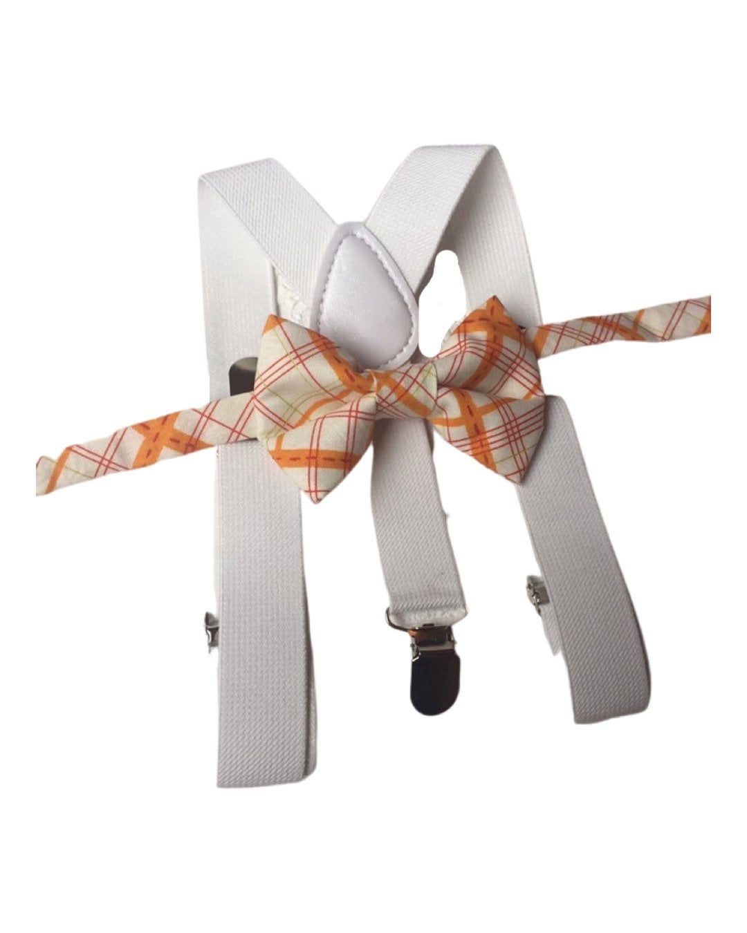 Orange bow tie and white suspender set, plaid bow tie, orange plaid bow tie, boys bow tie, men's bow tie, fall bow tie
