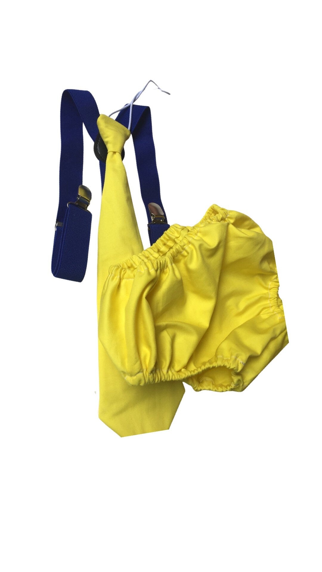 1st Birthday boy cake smash diaper cover tie Suspenders Blue yellow bloomers tie, baby tie, first birthday outfit, bloomers set