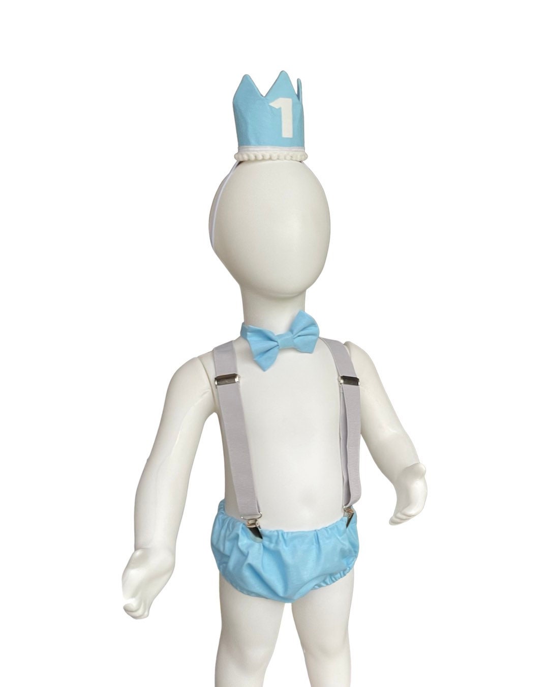 Cake Smash Outfit Gray Blue — Boys First Birthday Outfit Gray Blue — Baby Blue Bow Tie & Baby Blue Diaper Cover with Gray Suspenders