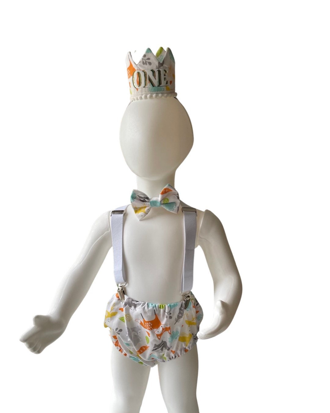 Woodland Fox Baby Boy Cake Smash Outfit Bloomer Diaper Cover, Suspenders and Bow Tie Set