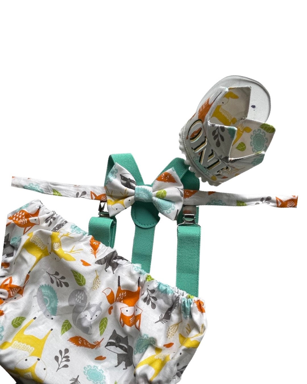 Woodland Fox Baby Boy Cake Smash Outfit Bloomer Diaper Cover, Suspenders and Bow Tie Set