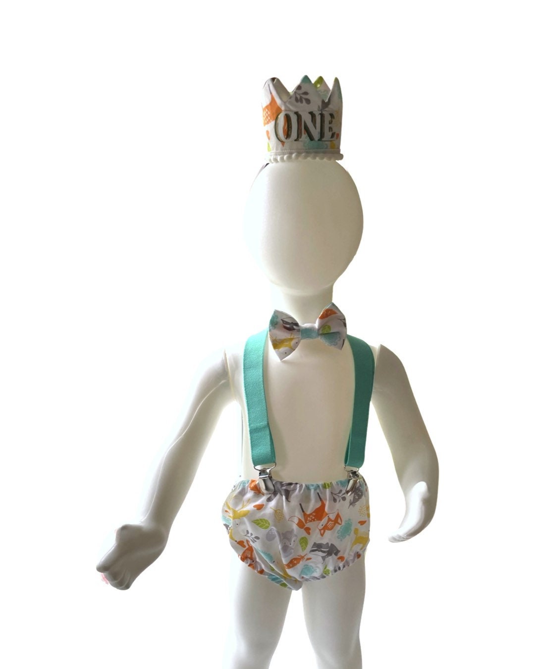 Woodland Fox Baby Boy Cake Smash Outfit Bloomer Diaper Cover, Suspenders and Bow Tie Set