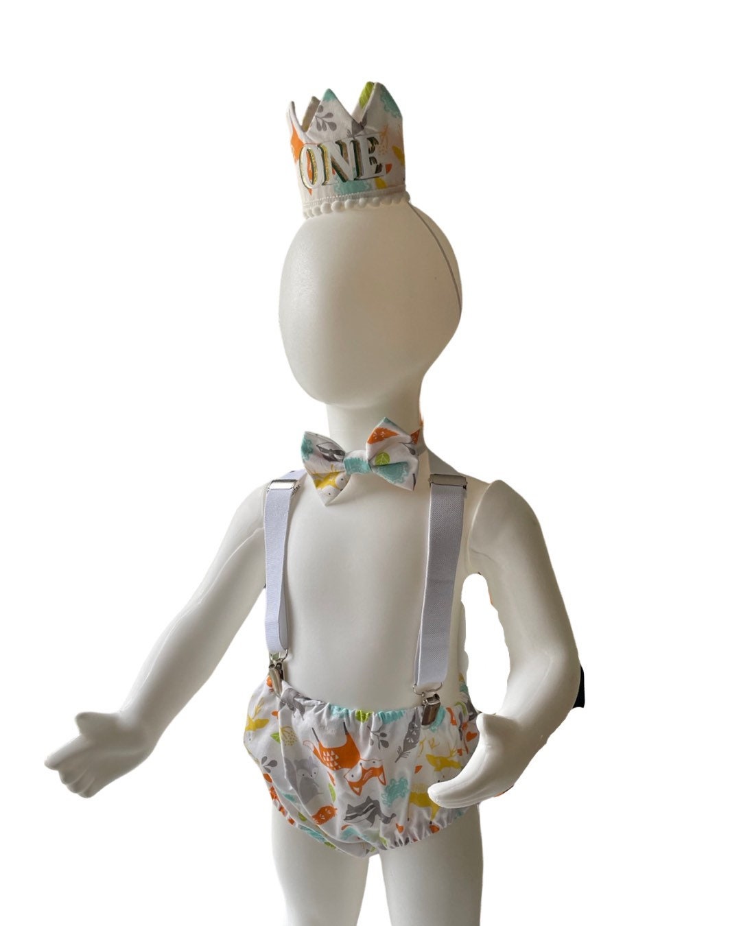 Woodland Fox Baby Boy Cake Smash Outfit Bloomer Diaper Cover, Suspenders and Bow Tie Set