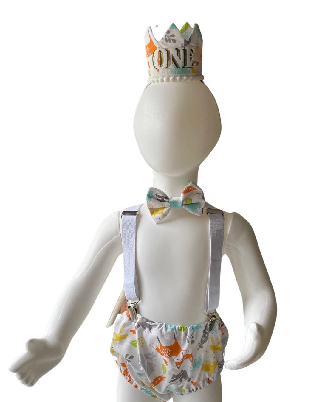 Woodland Fox Baby Boy Cake Smash Outfit Bloomer Diaper Cover, Suspenders and Bow Tie Set