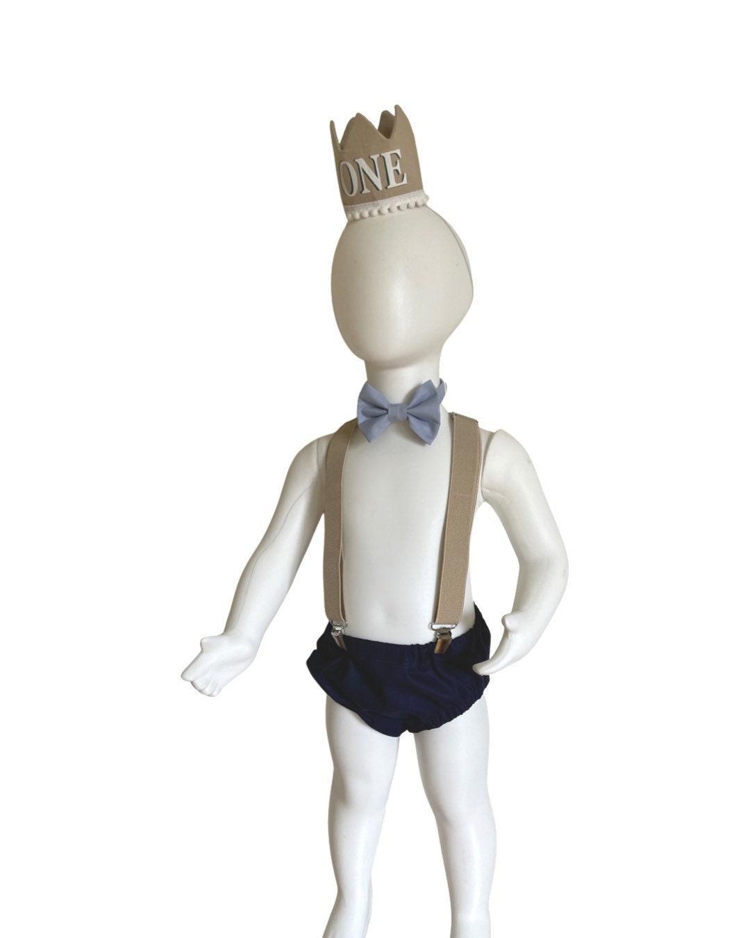Navy Smash Cake Outfit Boy First Birthday super soft navy cotton Diaper Cover, beige Suspenders and blue bow tie 1st Birthday Photoshoot