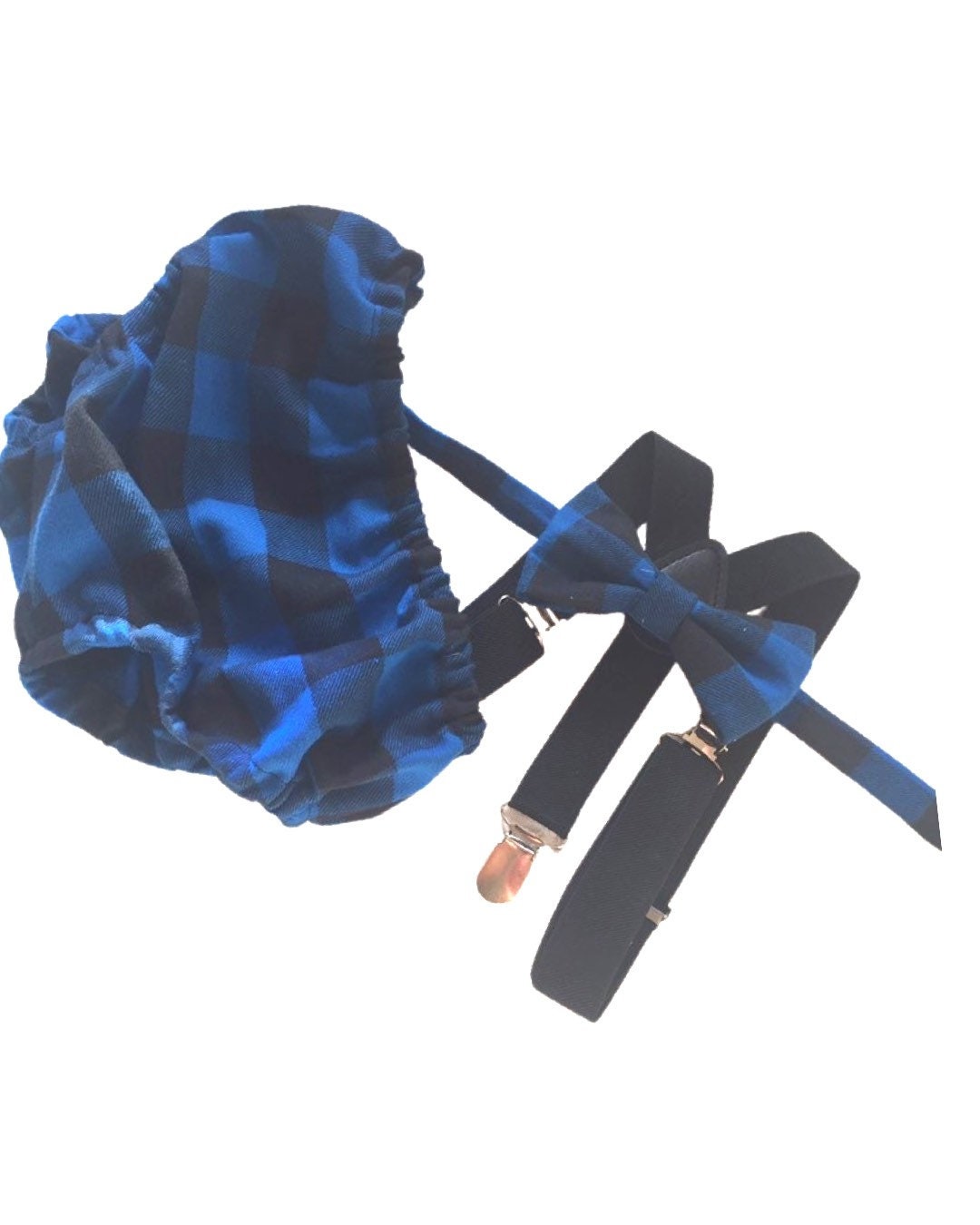 Boys Cake Smash Outfit - Blue black Buffalo Plaid- Diaper Cover, bow Tie & Birthday Hat - First Birthday Outfit - Boys Birthday Outfit -