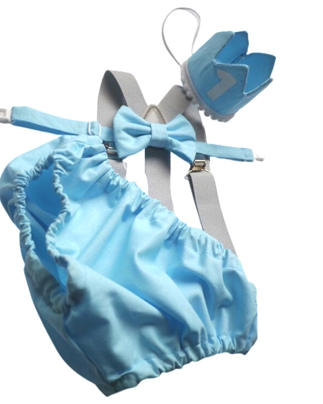 Cake Smash Outfit Gray Blue — Boys First Birthday Outfit Gray Blue — Baby Blue Bow Tie & Baby Blue Diaper Cover with Gray Suspenders