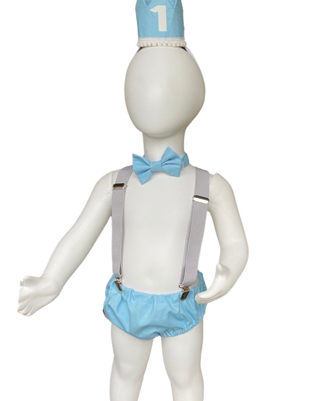 Cake Smash Outfit Gray Blue — Boys First Birthday Outfit Gray Blue — Baby Blue Bow Tie & Baby Blue Diaper Cover with Gray Suspenders