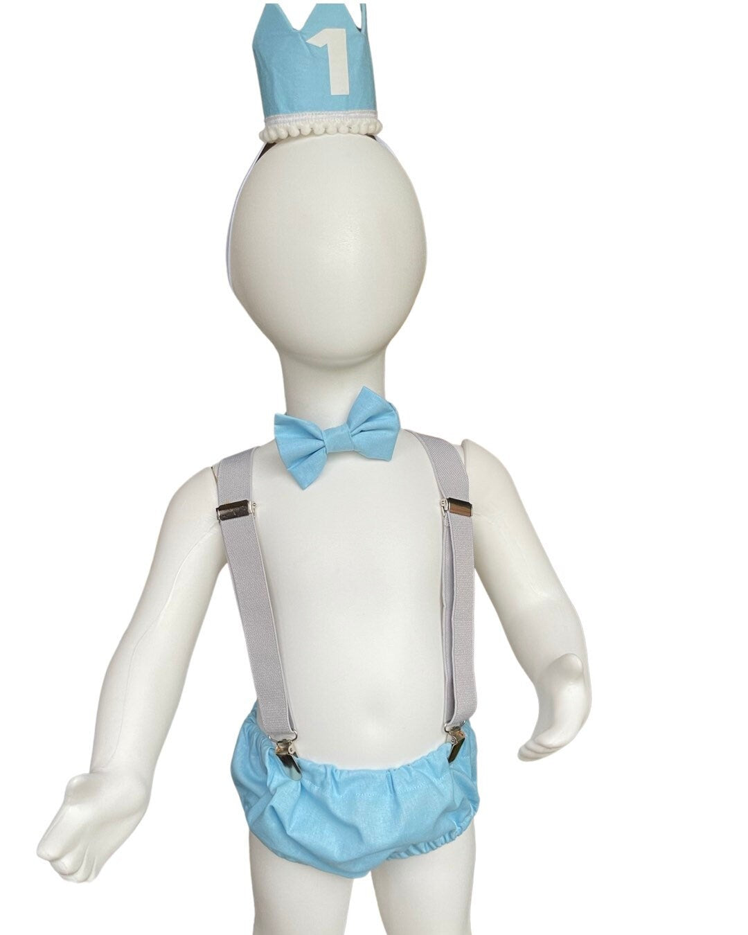 Cake Smash Outfit Gray Blue — Boys First Birthday Outfit Gray Blue — Baby Blue Bow Tie & Baby Blue Diaper Cover with Gray Suspenders
