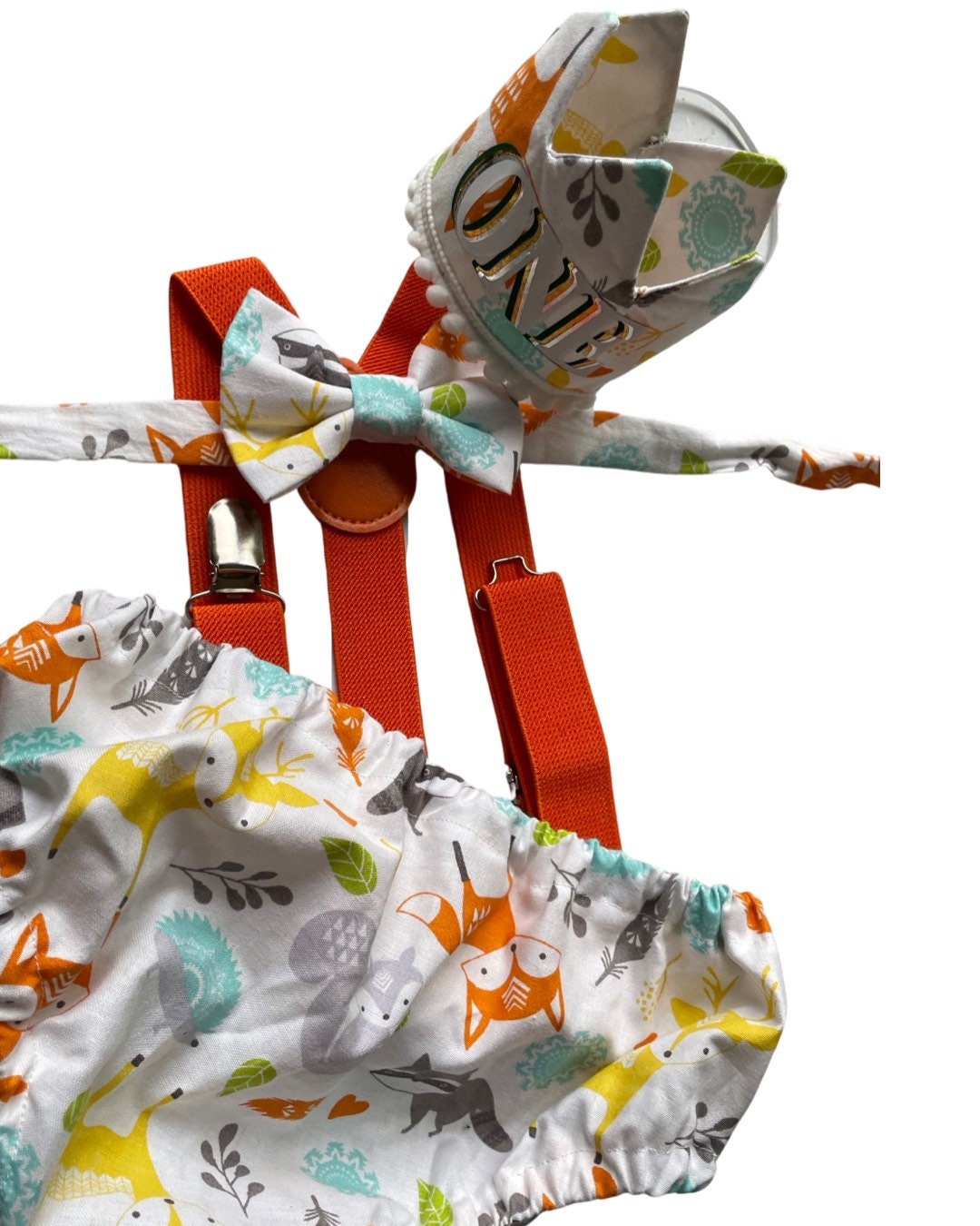 Woodland Fox Baby Boy Cake Smash Outfit Bloomer Diaper Cover, Suspenders and Bow Tie Set
