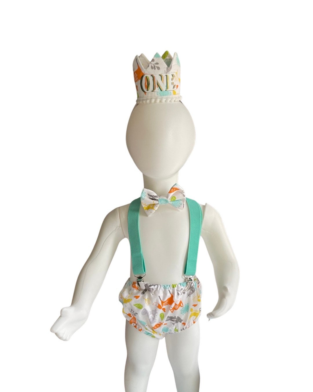 Woodland Fox Baby Boy Cake Smash Outfit Bloomer Diaper Cover, Suspenders and Bow Tie Set
