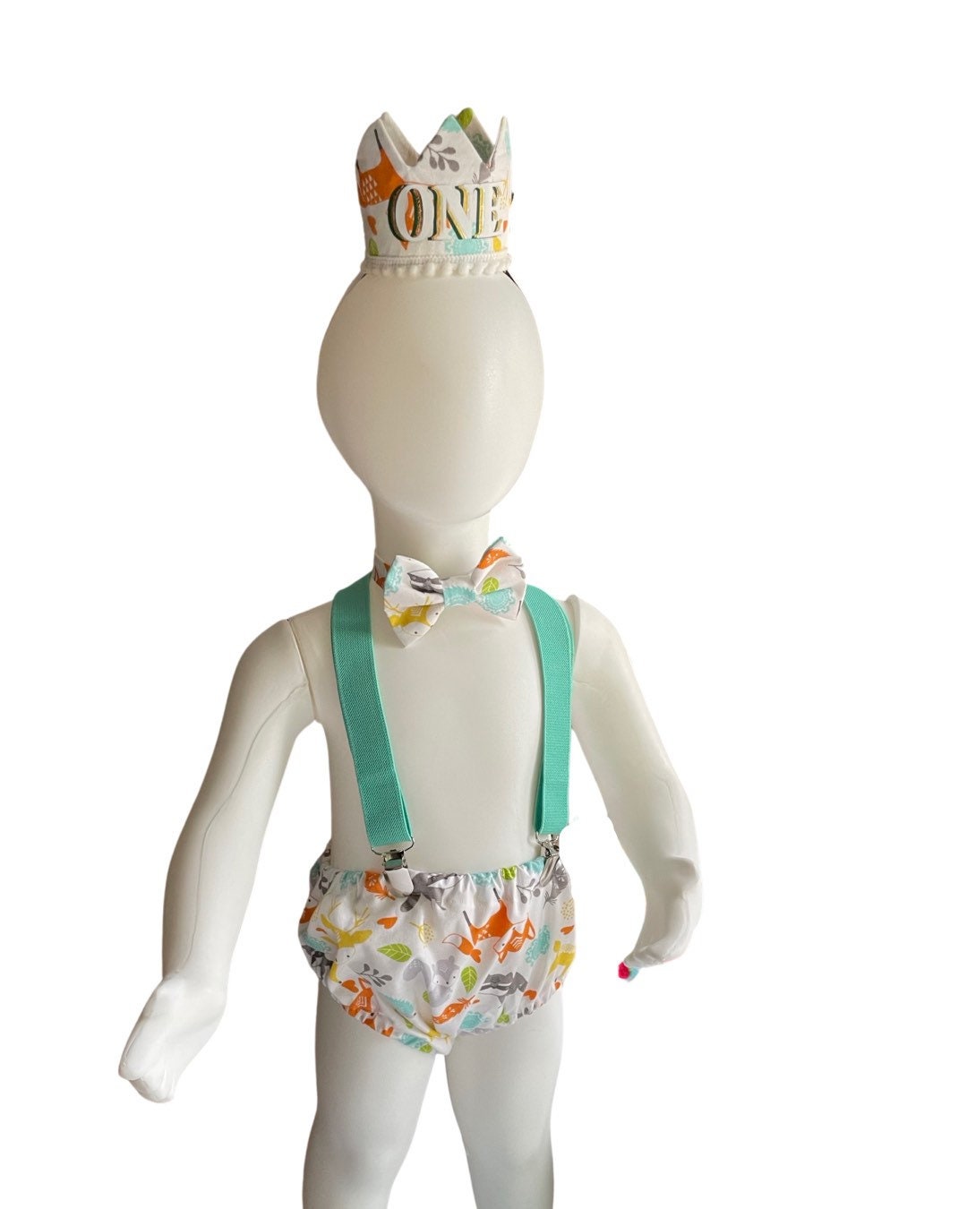 Woodland Fox Baby Boy Cake Smash Outfit Bloomer Diaper Cover, Suspenders and Bow Tie Set