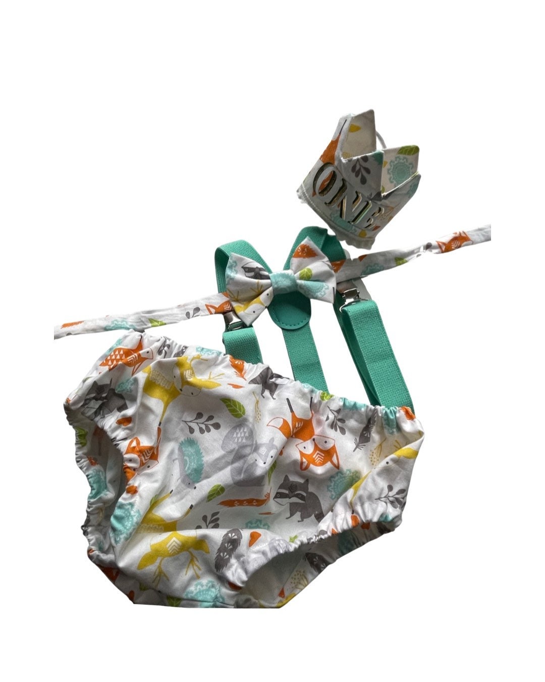 Woodland Fox Baby Boy Cake Smash Outfit Bloomer Diaper Cover, Suspenders and Bow Tie Set