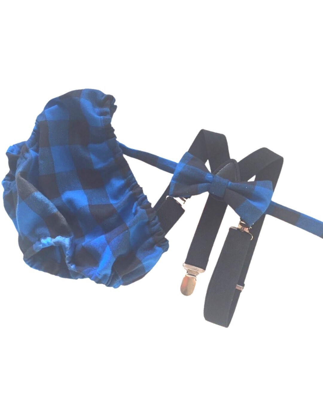 Boys Cake Smash Outfit - Blue black Buffalo Plaid- Diaper Cover, bow Tie & Birthday Hat - First Birthday Outfit - Boys Birthday Outfit -