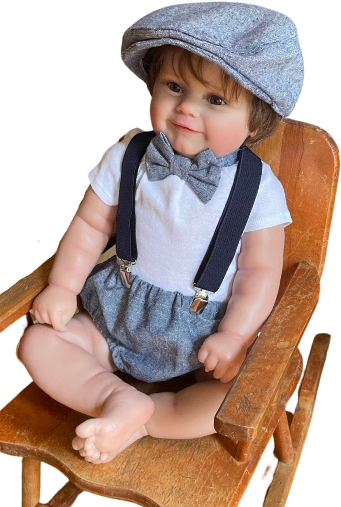 Light denim sitter set - baby boy photo prop - baby clothes - vintage style - flat cap - cake smash outfit