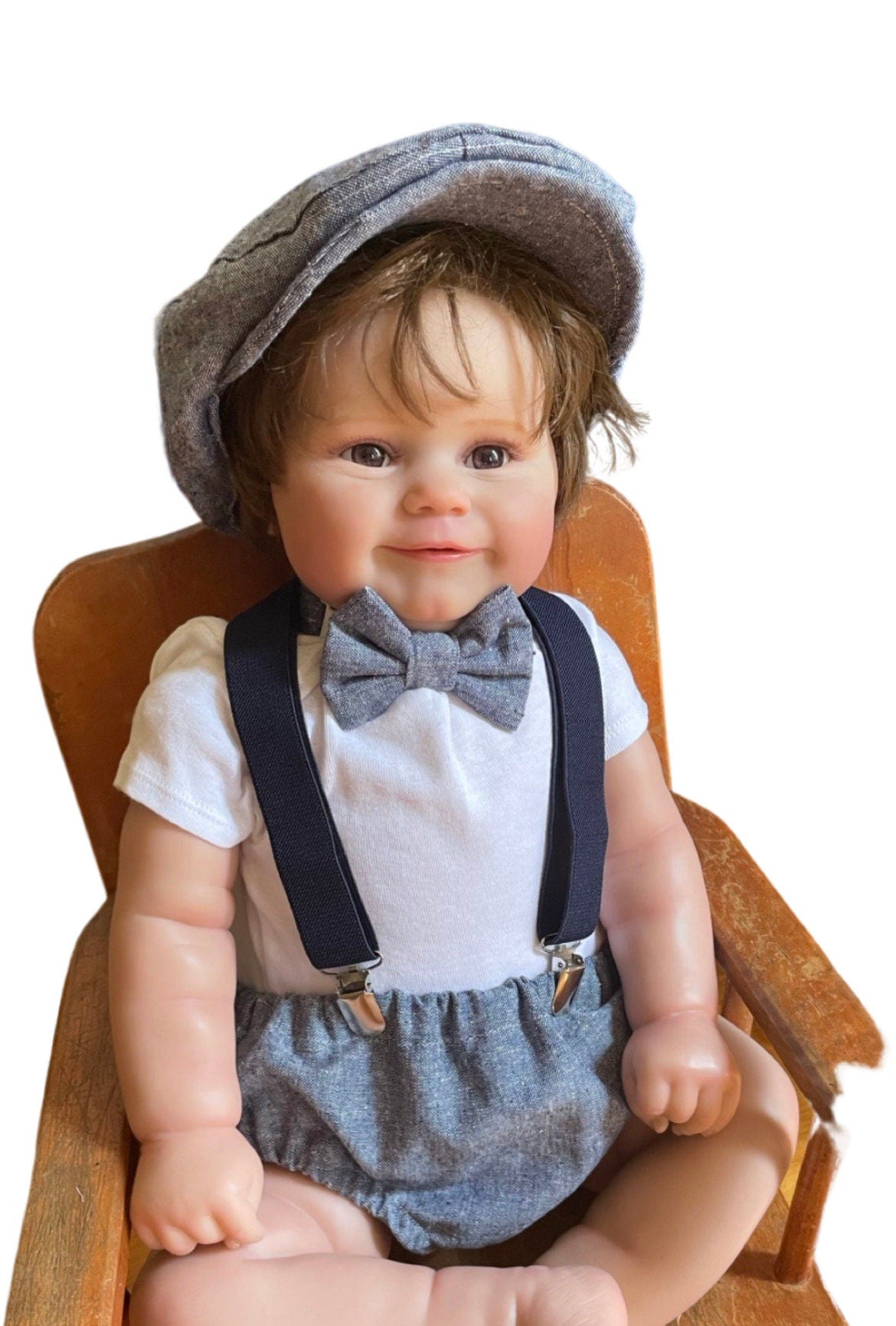 Light denim sitter set - baby boy photo prop - baby clothes - vintage style - flat cap - cake smash outfit