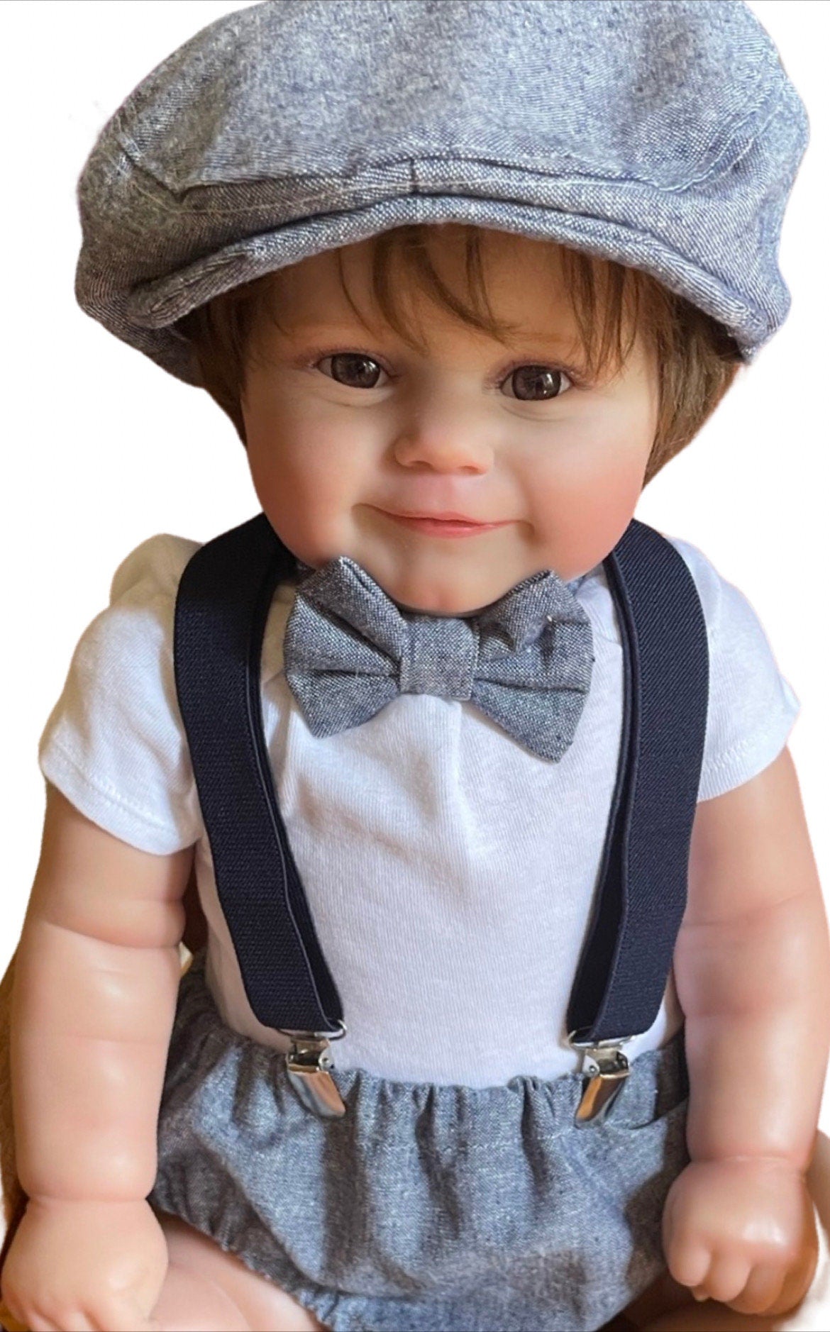 Light denim sitter set - baby boy photo prop - baby clothes - vintage style - flat cap - cake smash outfit