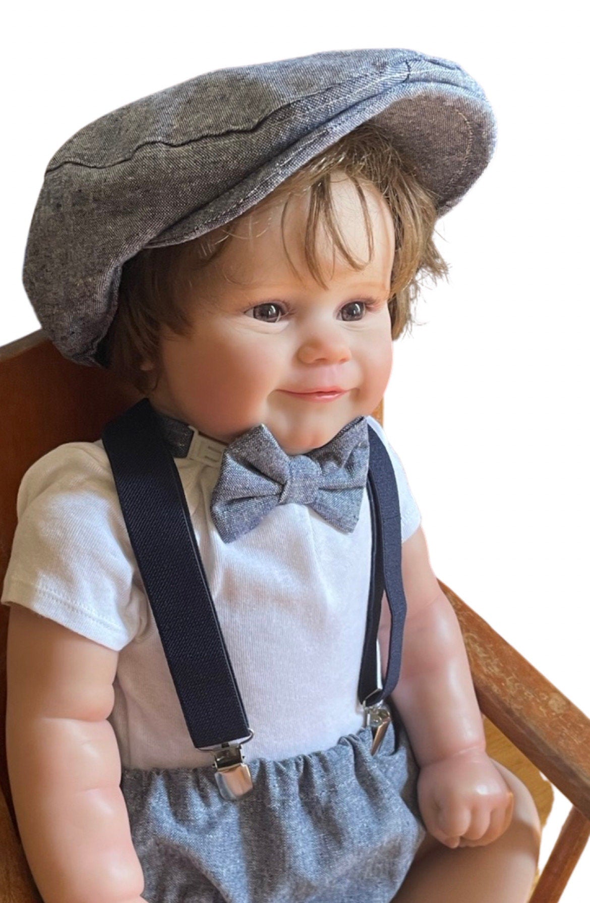 Light denim sitter set - baby boy photo prop - baby clothes - vintage style - flat cap - cake smash outfit