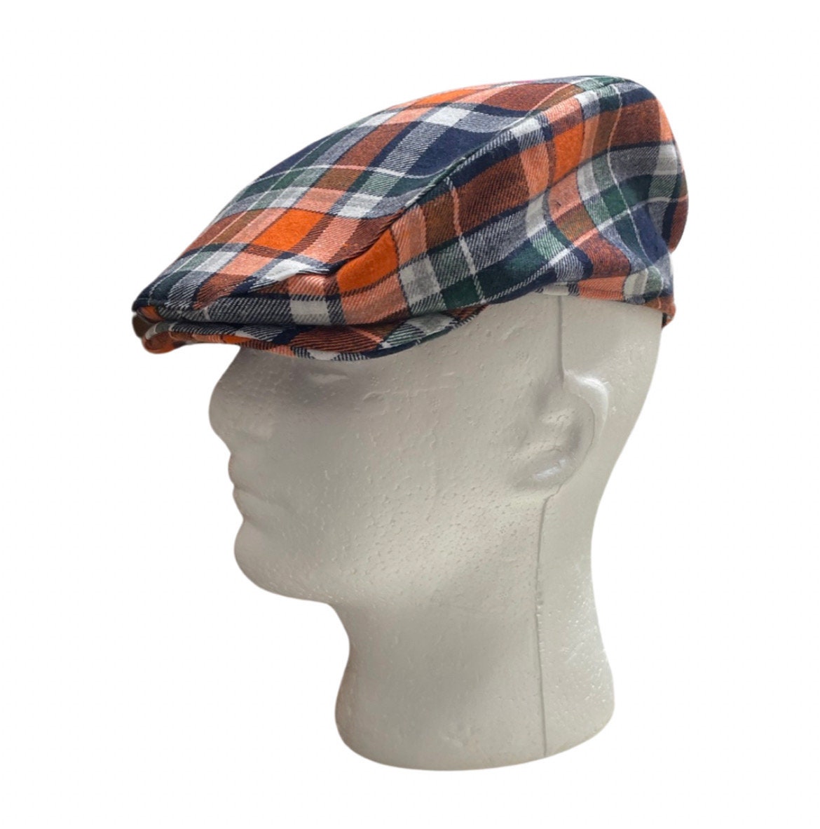 boys flat cap, fall Thanksgiving baby flat cap in orange plaid, newsboy flat cap, made to order, mens flat cap, blue orange plaid hat, navy