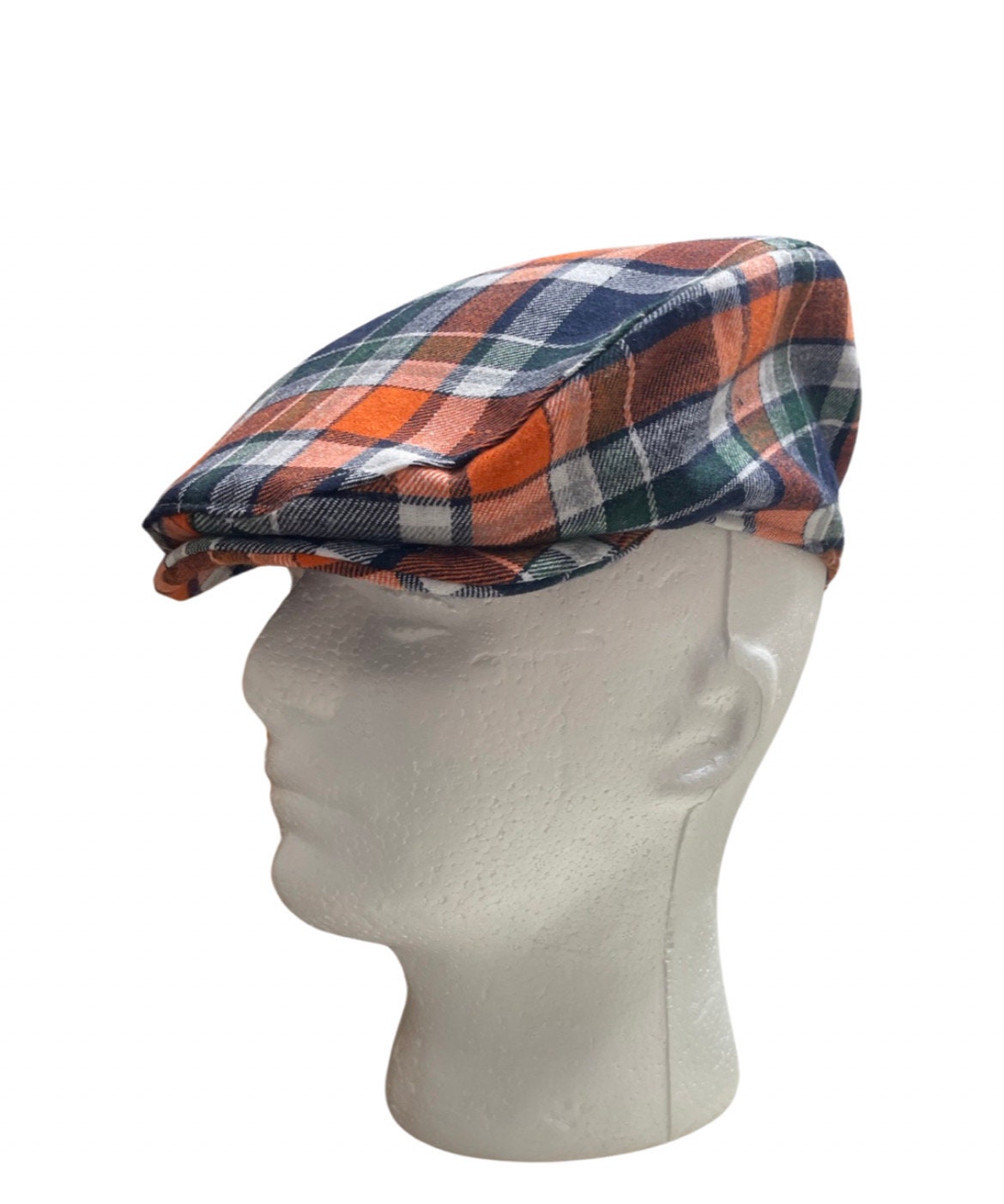 boys flat cap, fall Thanksgiving baby flat cap in orange plaid, newsboy flat cap, made to order, mens flat cap, blue orange plaid hat, navy