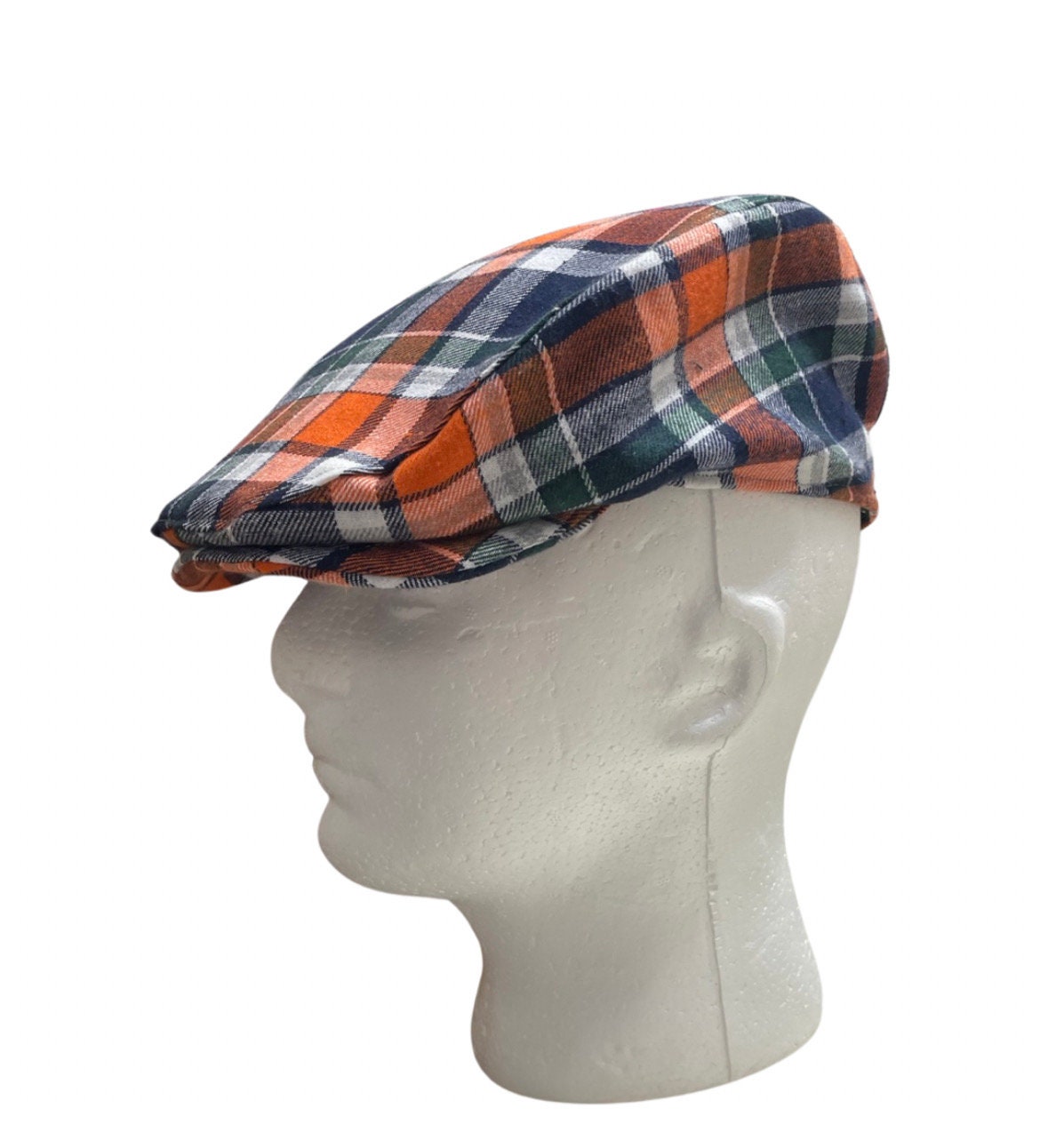 boys flat cap, fall Thanksgiving baby flat cap in orange plaid, newsboy flat cap, made to order, mens flat cap, blue orange plaid hat, navy