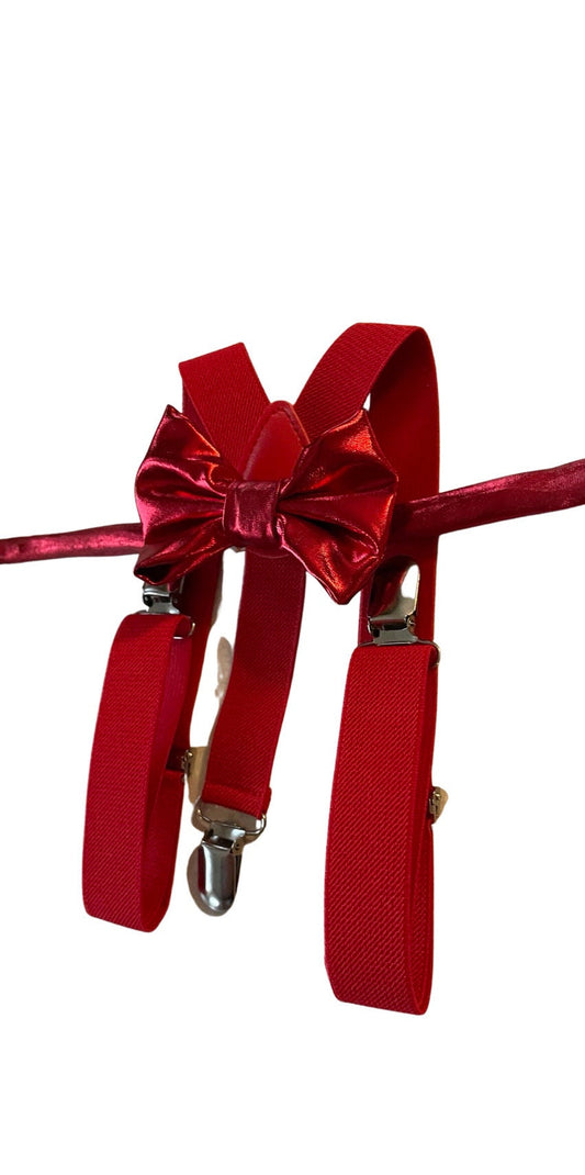 Apple Red Bow Tie & Suspenders , Kids bow tie and suspender , Boy's Ring Bearer gift , Christmas outfit , Wedding set , Holiday outfit