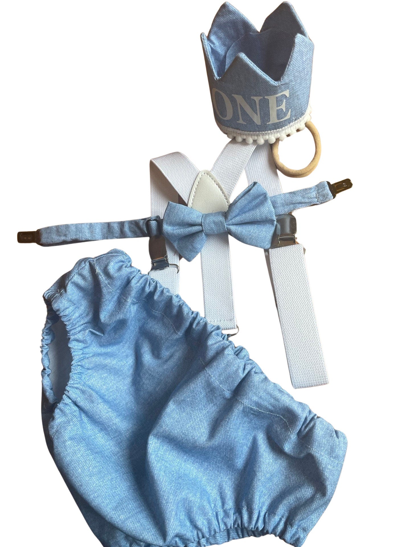 baby boy denim blue and white themed cake smash outfit nappy diaper cover suspenders bow tie boy first birthday outfit 1st birthday