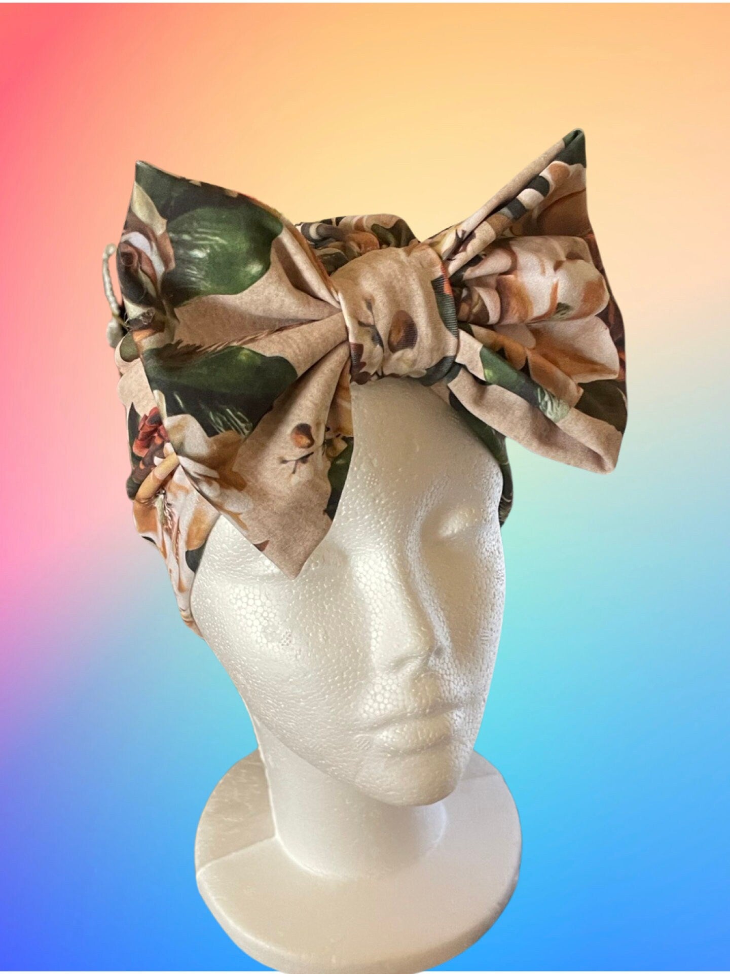 Beige Floral Turban Style Headwrap