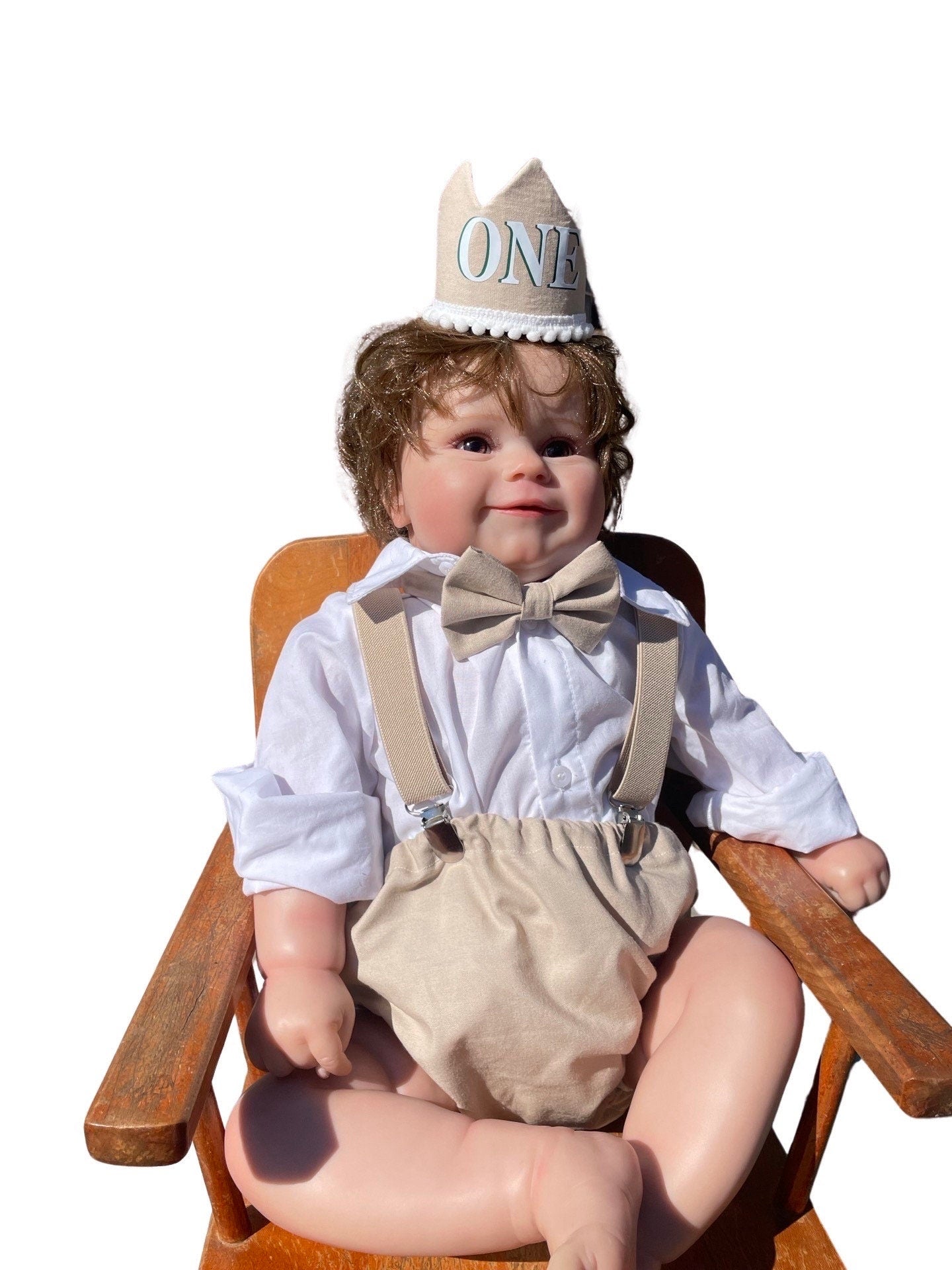 Baby cake smash first birthday Romper outfit for Photography props sitter milestone sessions (TAN beige brown)