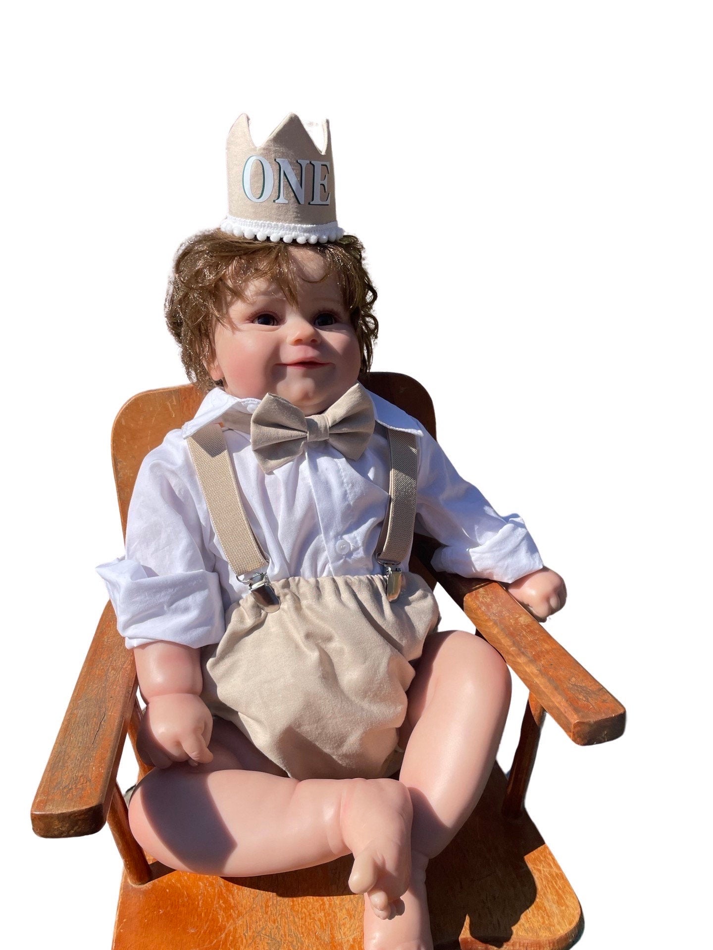 Baby cake smash first birthday Romper outfit for Photography props sitter milestone sessions (TAN beige brown)