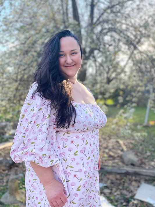 Elena puff sleeve midi, floor length dress, regency inspired dress, off shoulder dress, regency, empire waist dress, maternity, cherry