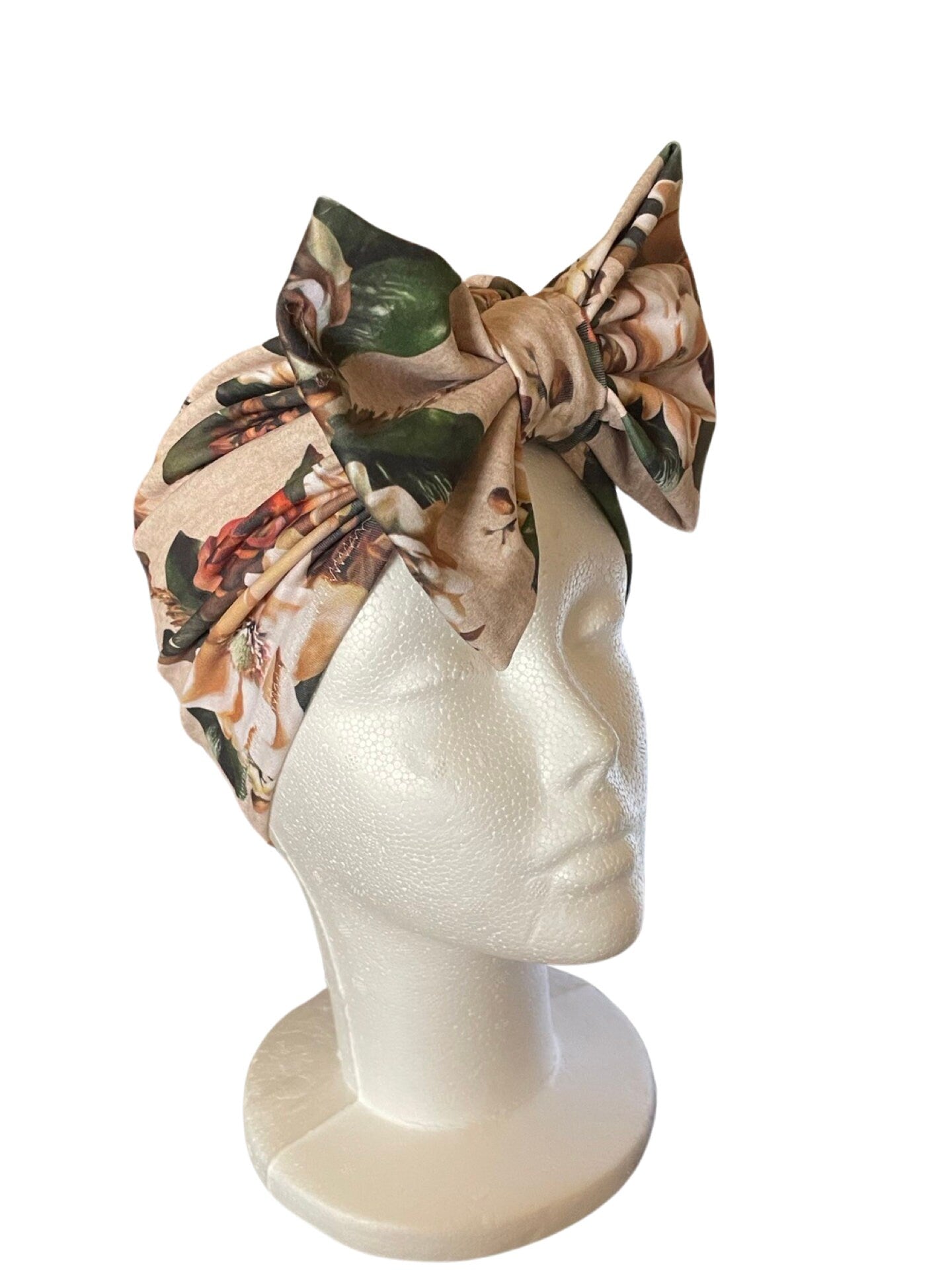 Beige Floral Turban Style Headwrap