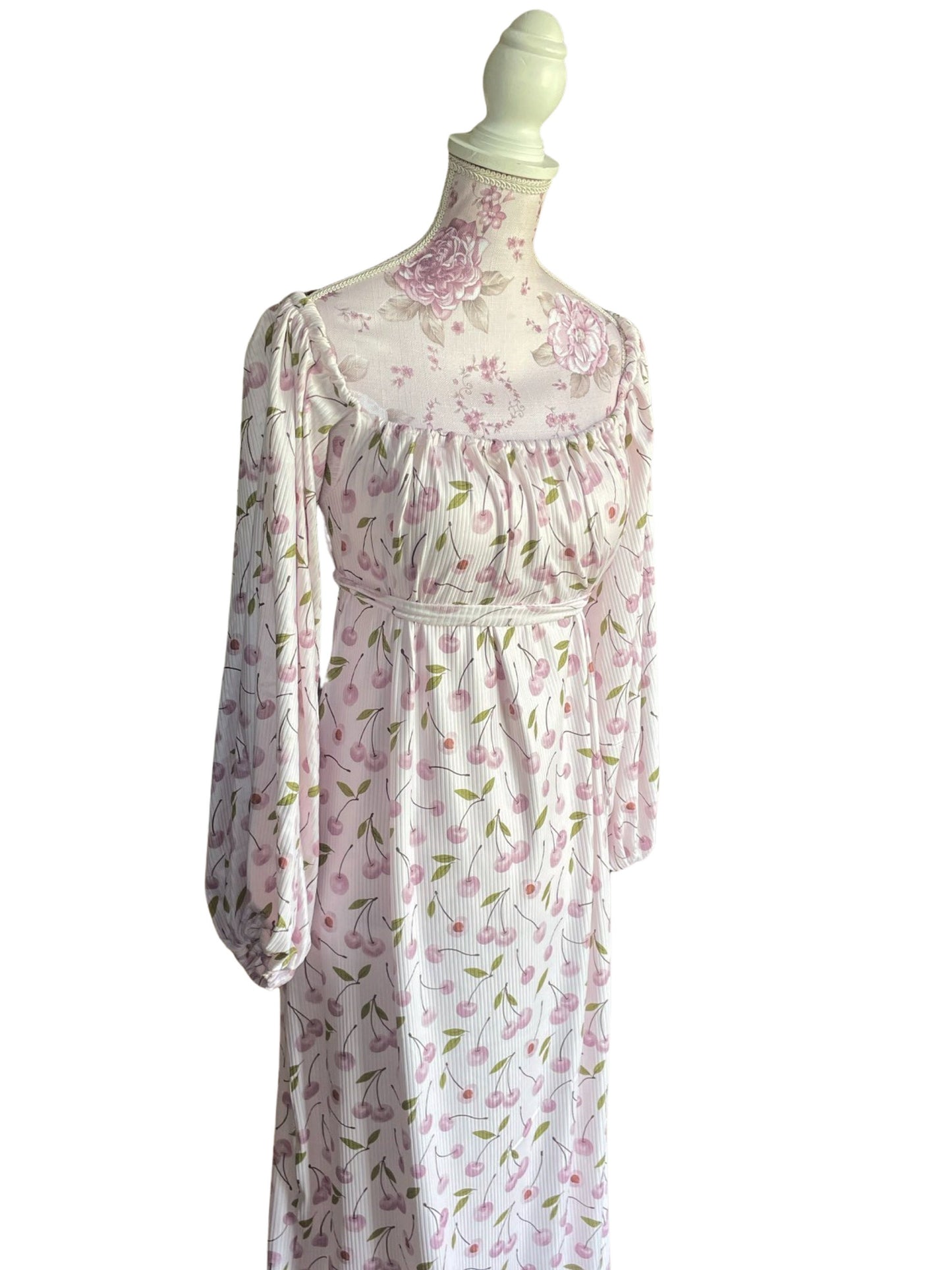 Elena puff sleeve midi, floor length dress, regency inspired dress, off shoulder dress, regency, empire waist dress, maternity, cherry