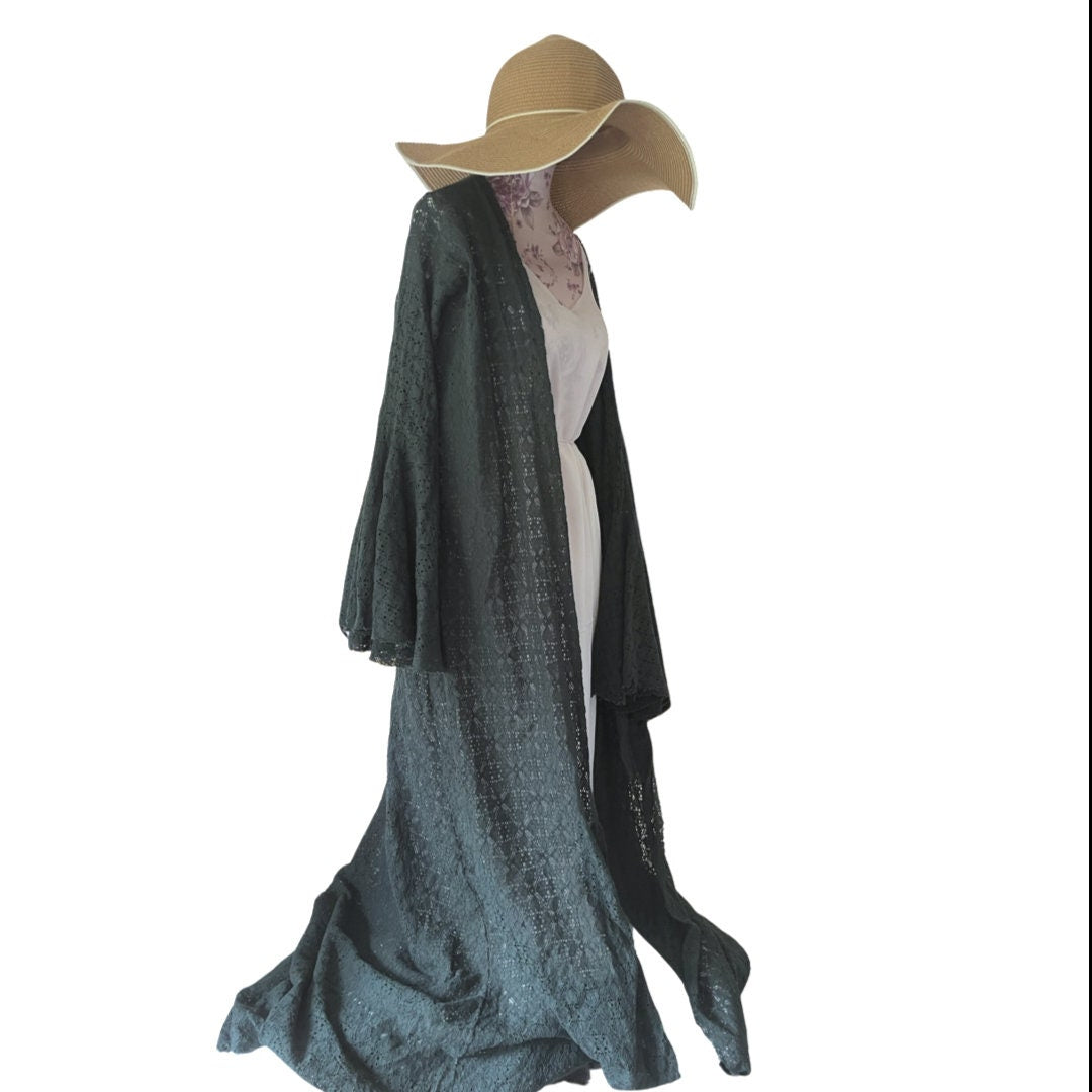 Long kimono robe, duster jacket, dressing gown, cover up, handmade beach rayon kimono, hen-party long sleeve open front robe, plus size