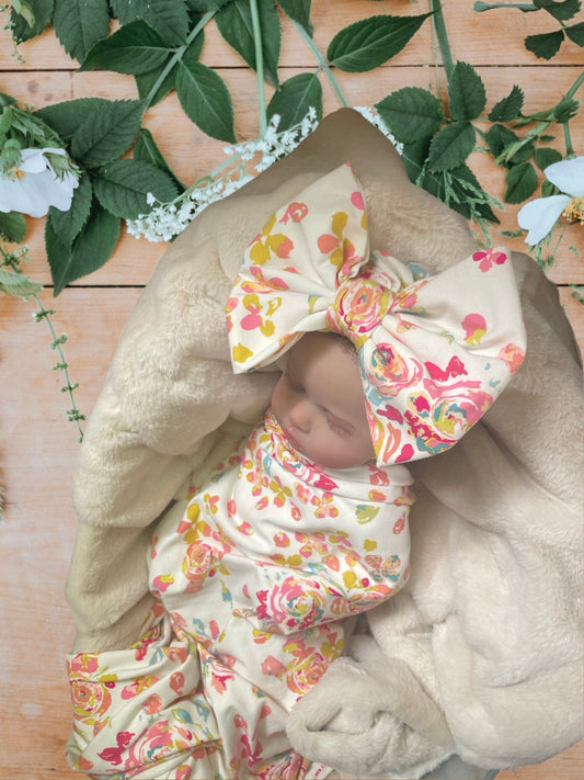 Newborn Swaddle Set Matching Hat Bow, Birth Announcement Card, Baby Girl Newborn Receiving Blanket Baby Swaddle Floral Nursery Swaddle Wrap