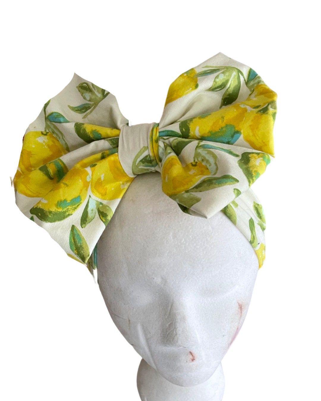LEMONIA • BIG BOW Headwrap | Permanently Sewn & Pull-Proof | Big Bow Headbands | Soft and Stretchy | Big Bow Headwraps | lemon print
