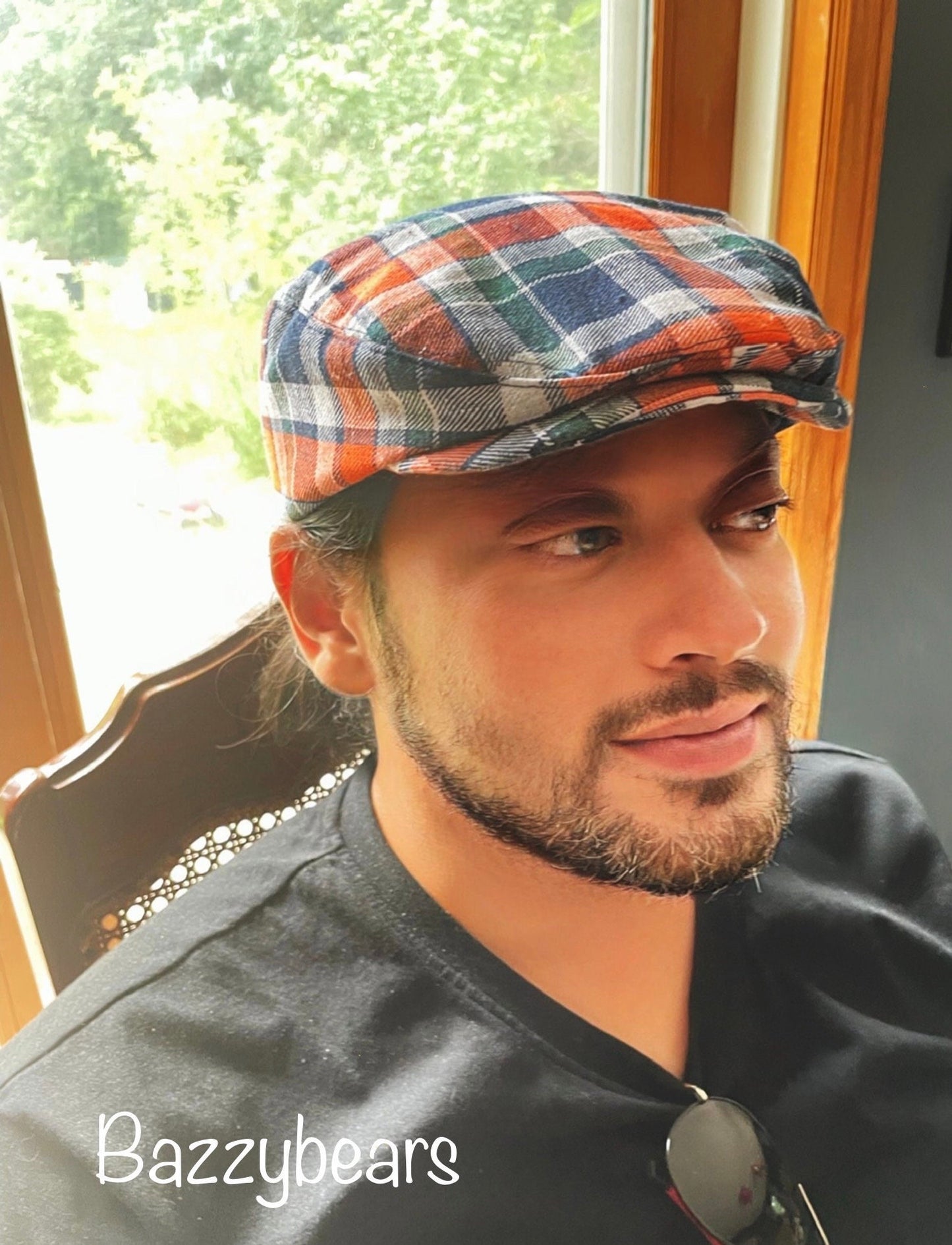 boys flat cap, fall Thanksgiving baby flat cap in orange plaid, newsboy flat cap, made to order, mens flat cap, blue orange plaid hat, navy