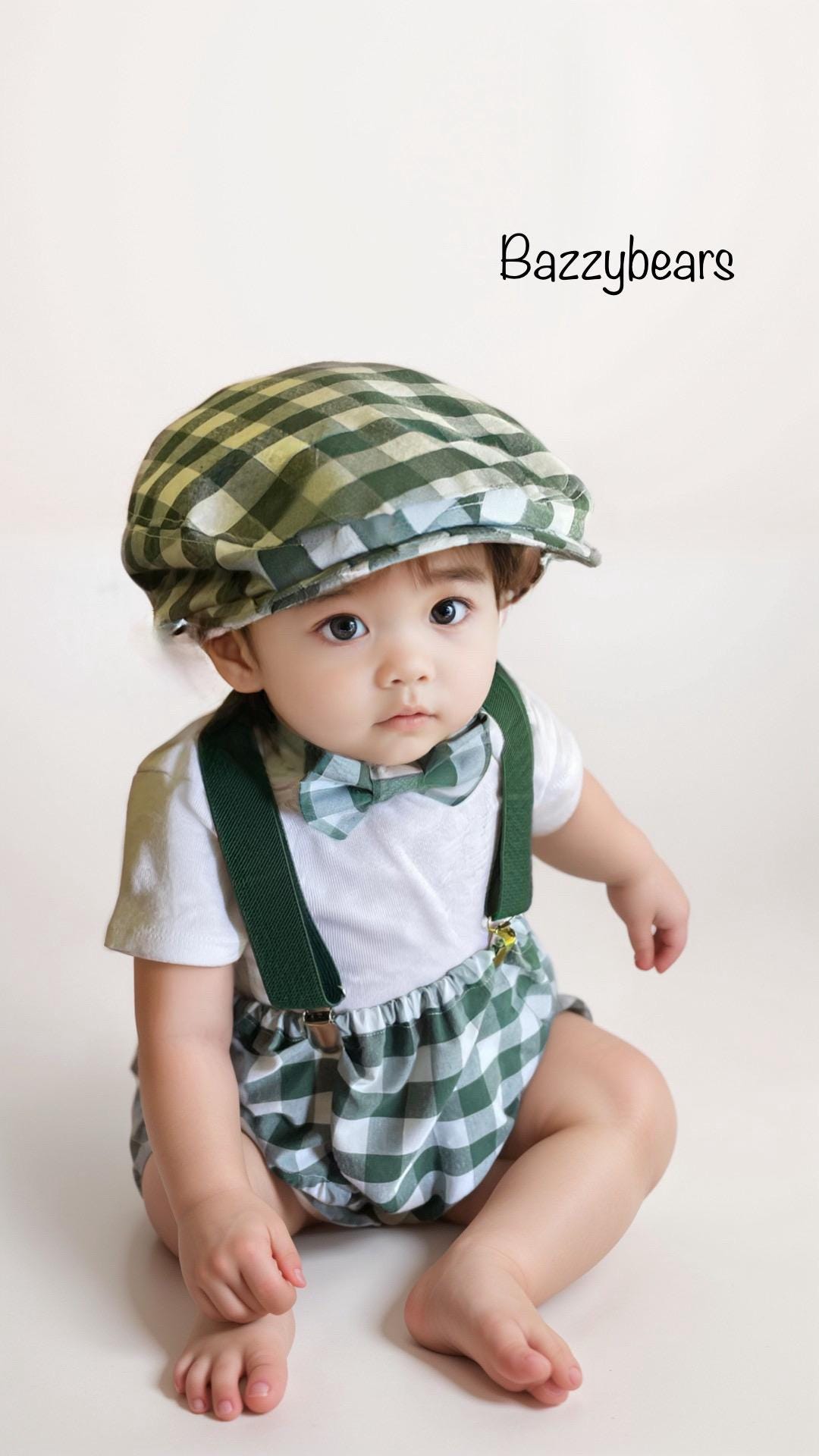 First Birthday Cake Smash Outfit Fall White Black plaid pumpkin Green checkered Diaper Cover bow Tie for Baby Checkered flat cap cake smash