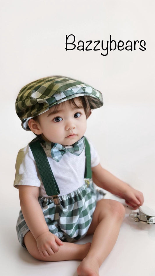 First Birthday Cake Smash Outfit Fall White Black plaid pumpkin Green checkered Diaper Cover bow Tie for Baby Checkered flat cap cake smash