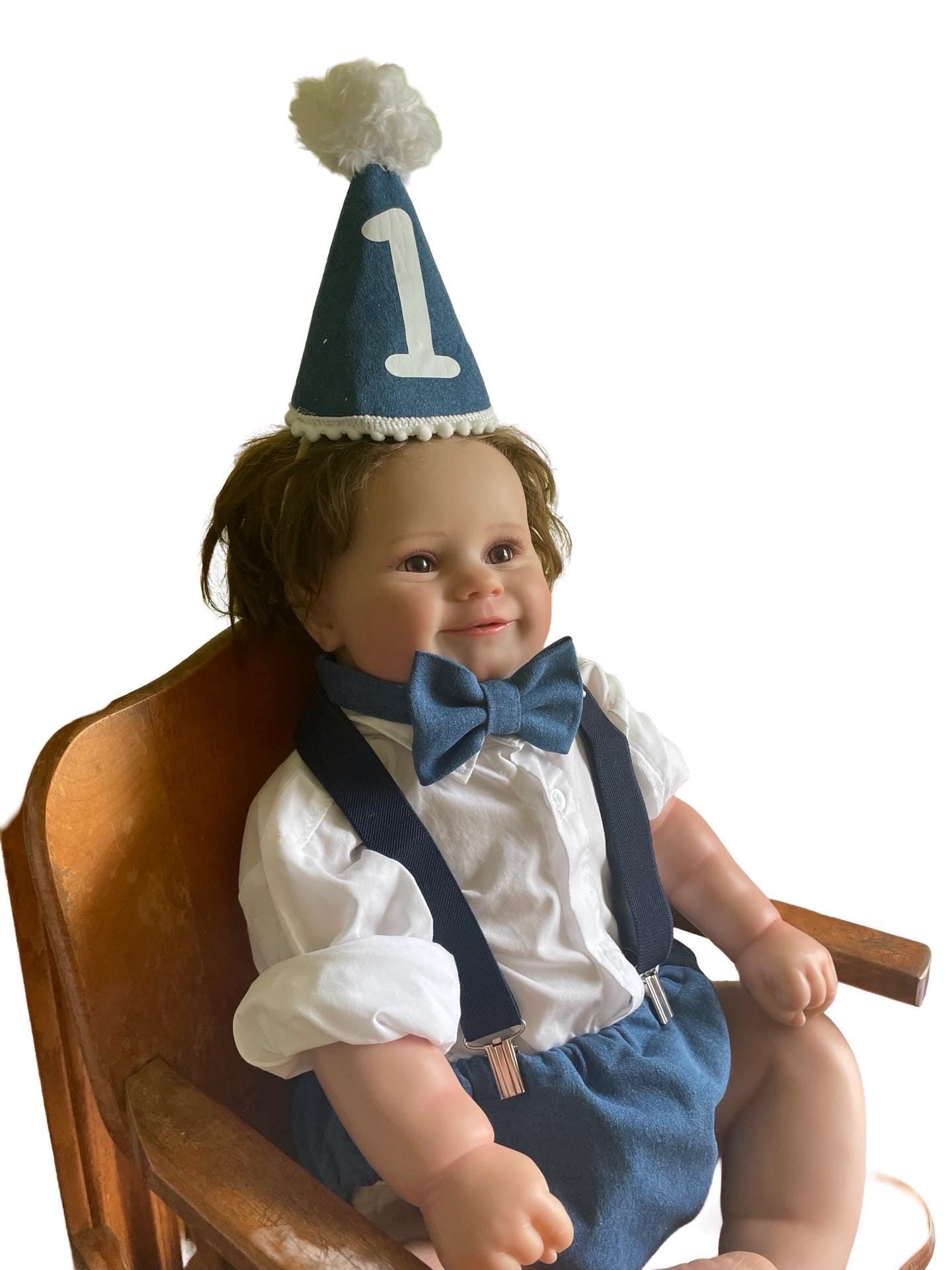 Light denim sitter set - baby boy photo prop - baby clothes - vintage style - first birthday party hat - cake smash outfit