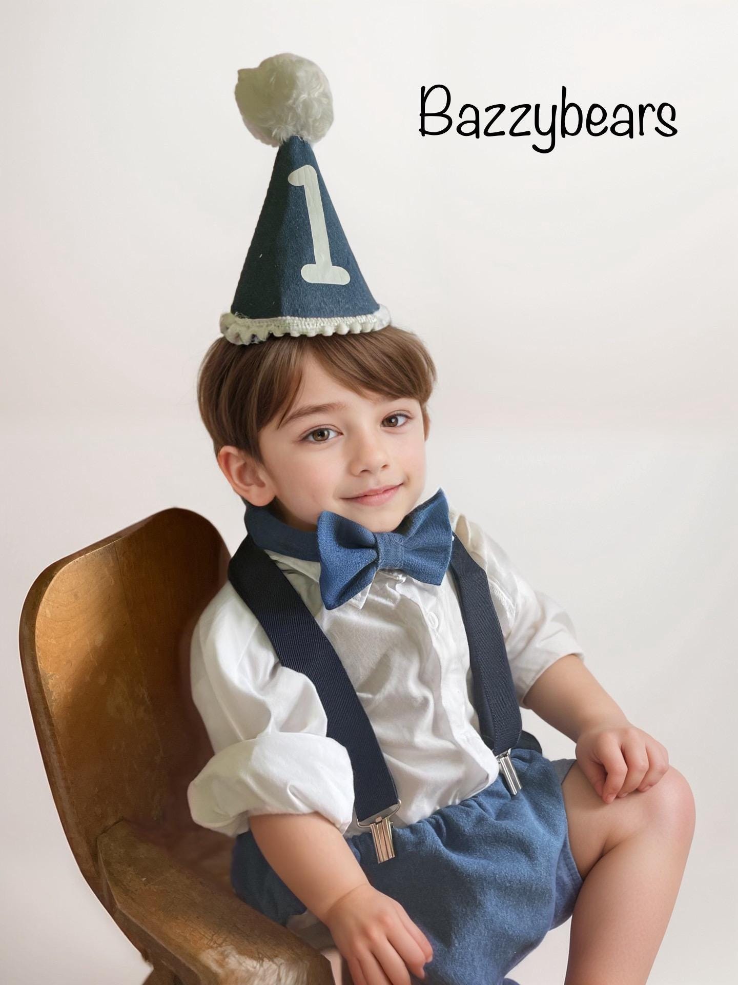 Light denim sitter set - baby boy photo prop - baby clothes - vintage style - first birthday party hat - cake smash outfit