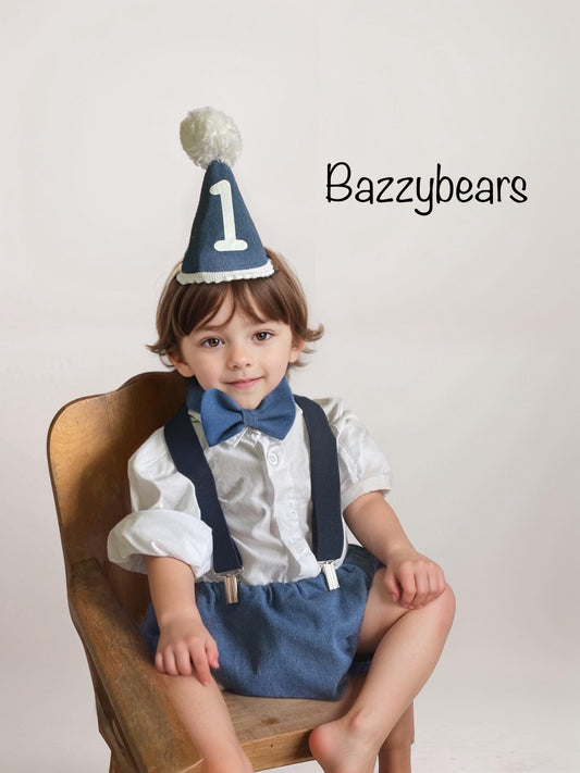 Light denim sitter set - baby boy photo prop - baby clothes - vintage style - first birthday party hat - cake smash outfit