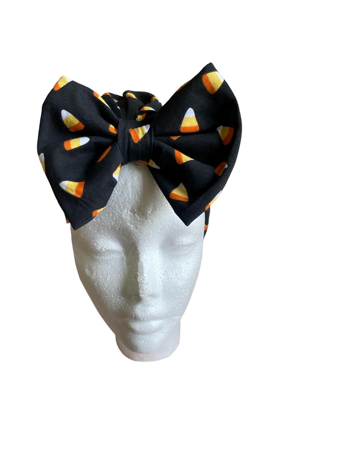 Black candy corn halloween bow headwrap turban