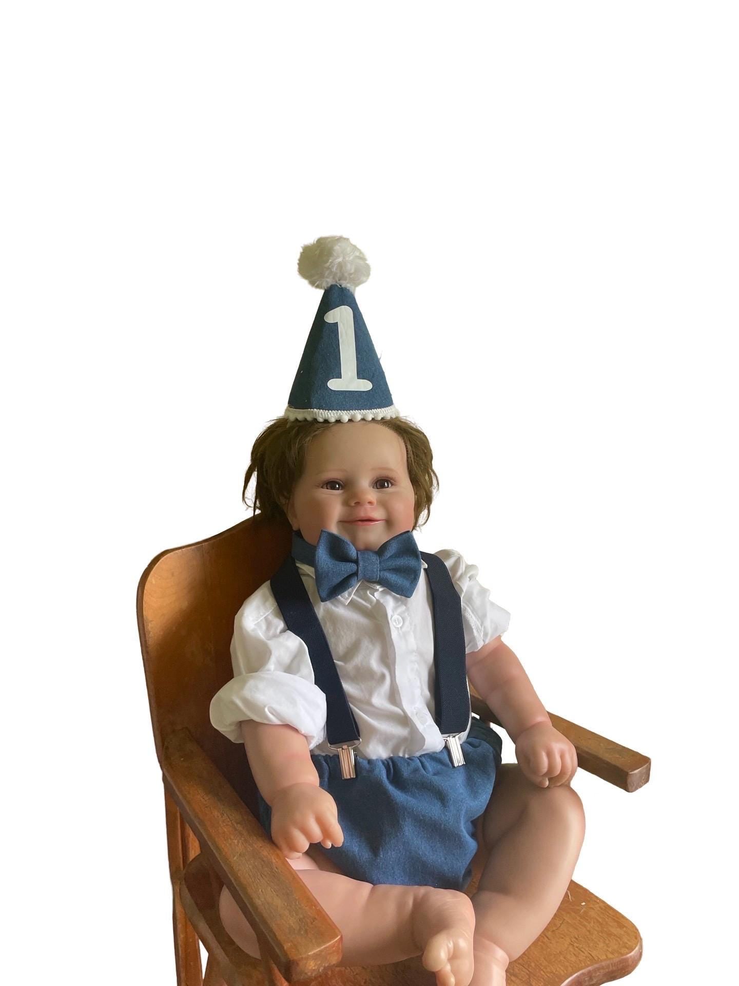 Light denim sitter set - baby boy photo prop - baby clothes - vintage style - first birthday party hat - cake smash outfit