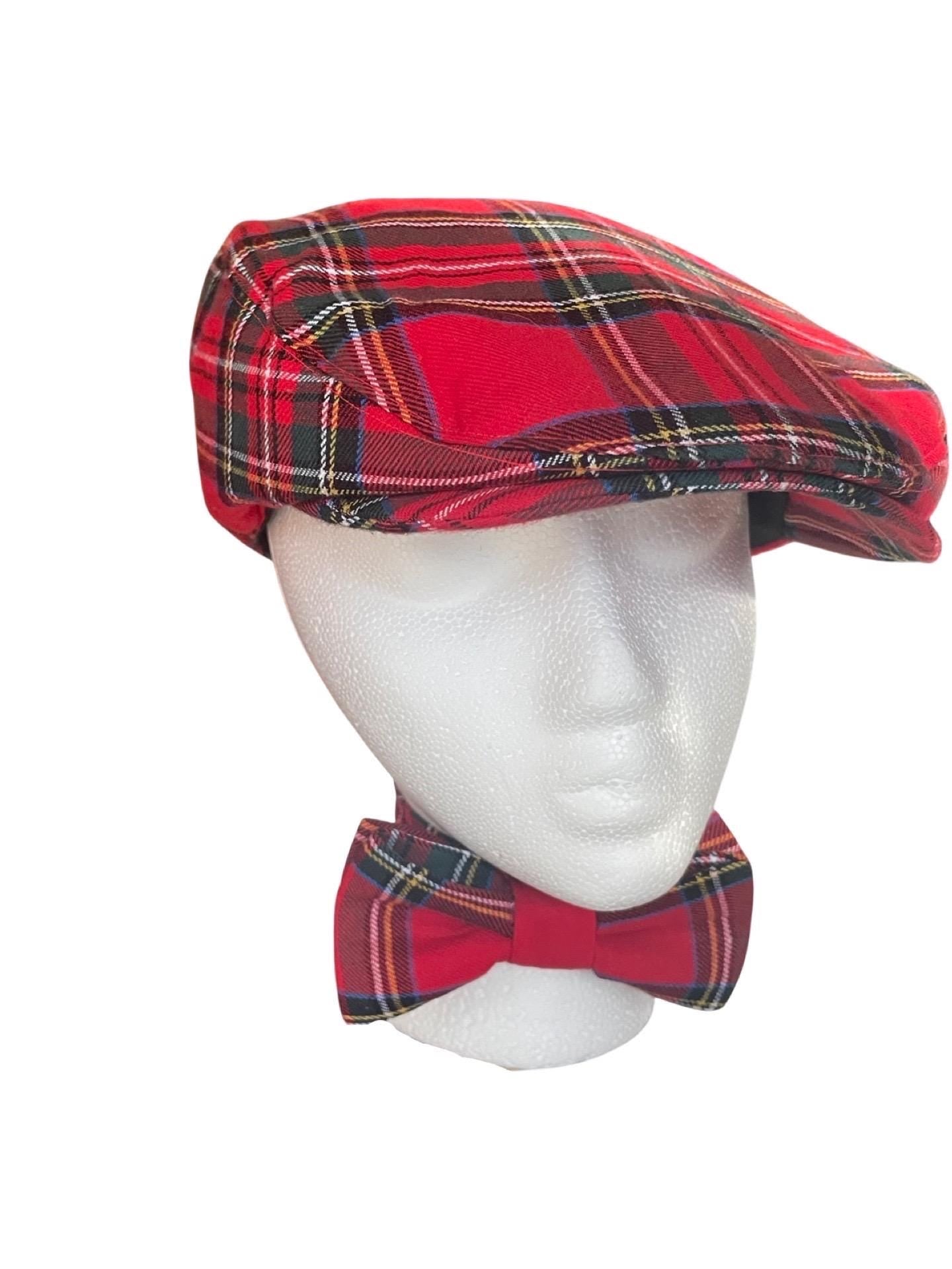 Tartan Flat Cap and bow tie British Tartan Flat Cap Elastic Fitting Tartan Hat Gift for him