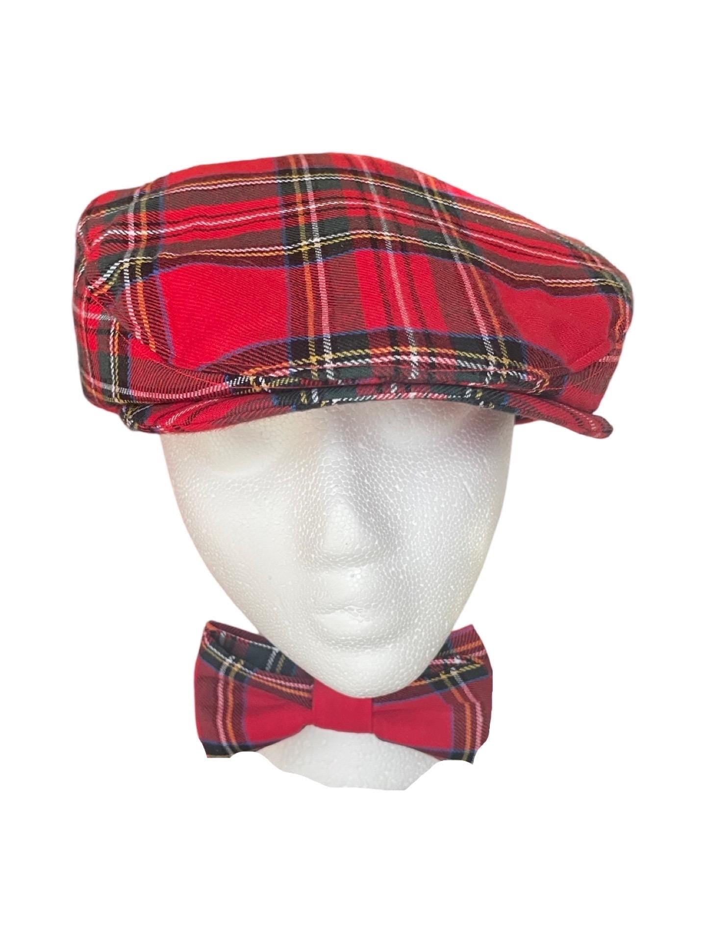 Tartan Flat Cap and bow tie British Tartan Flat Cap Elastic Fitting Tartan Hat Gift for him