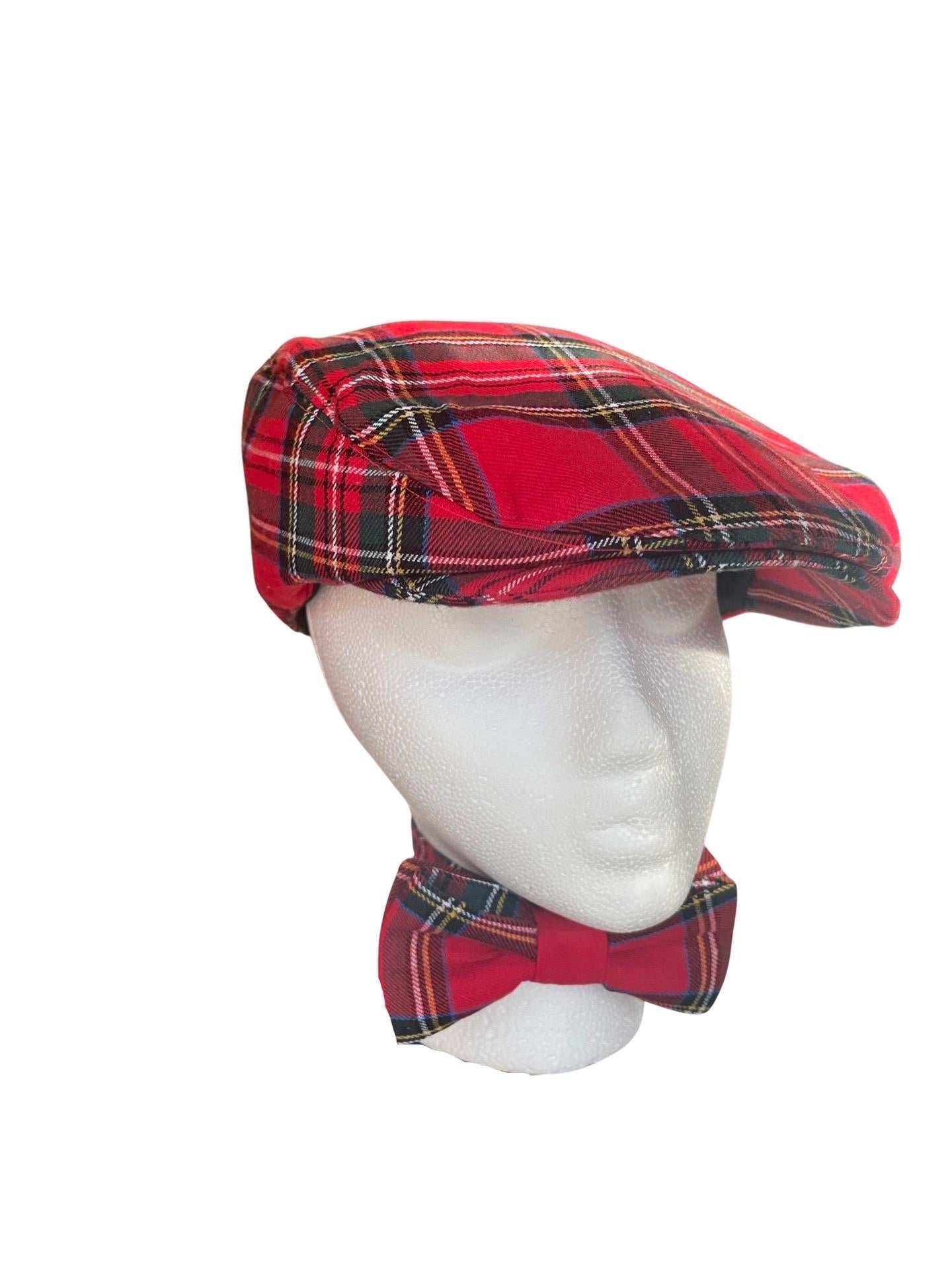 Tartan Flat Cap and bow tie British Tartan Flat Cap Elastic Fitting Tartan Hat Gift for him