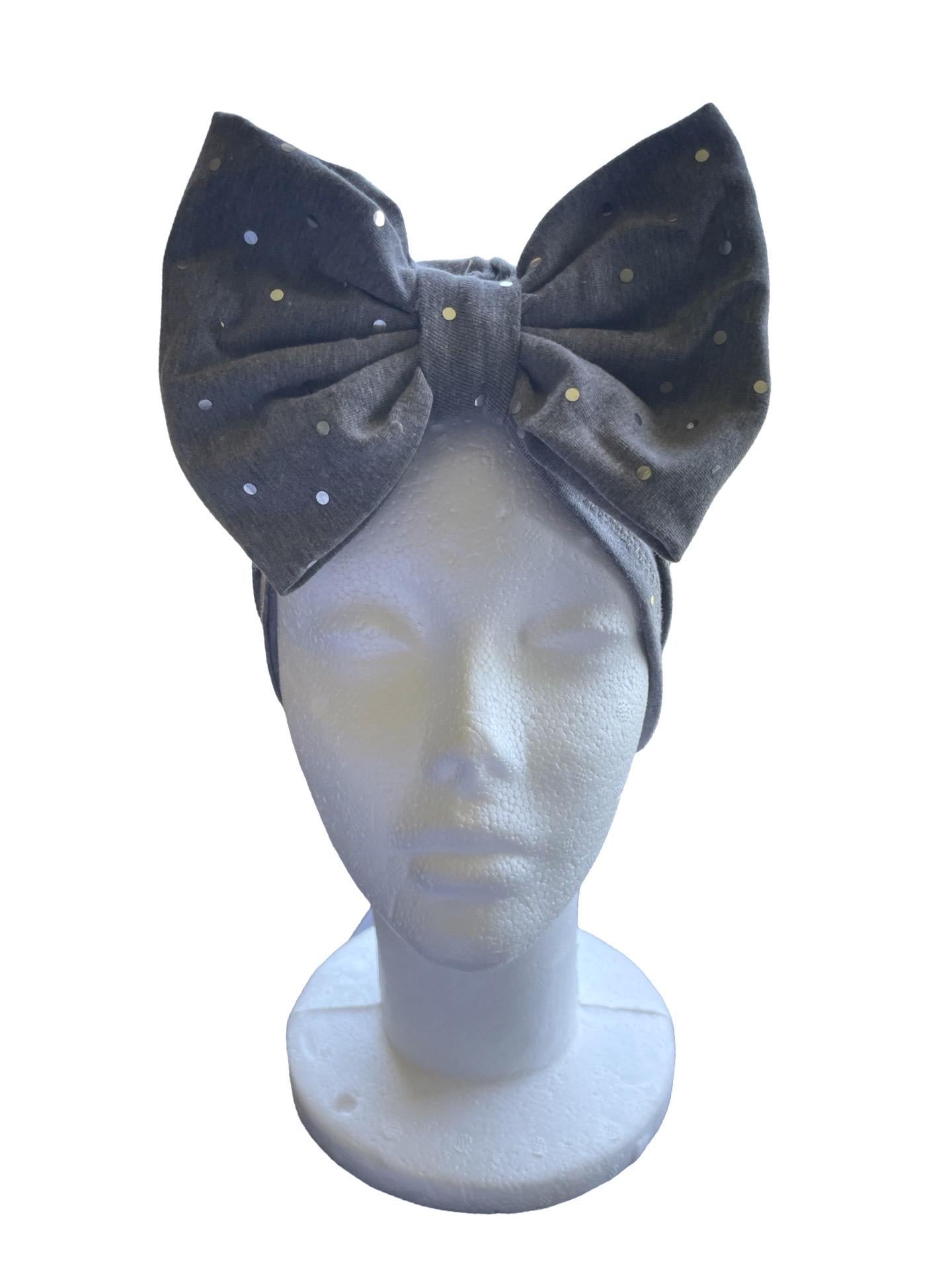Grey Sparkle Baby Turban Hat with Bow – Newborn Girl Headwrap, Soft Stretch Infant Beanie, Baby Shower Gift